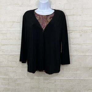 Notations Paisley Attached Black 3/4 Sleeve Jacket Top